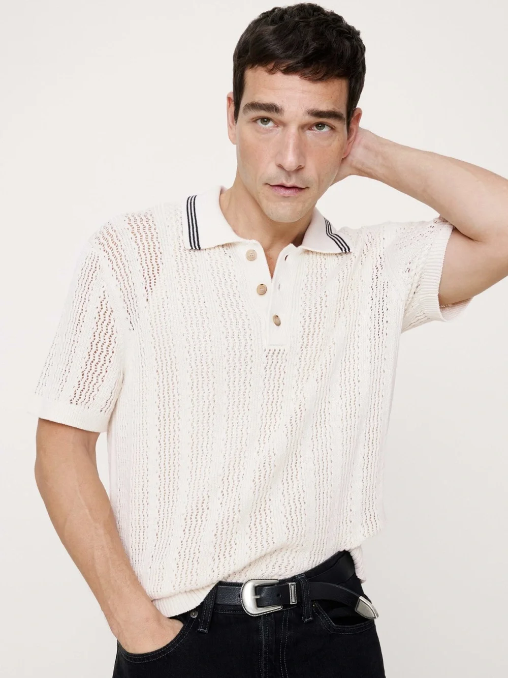 Banana Republic Cream Knit Polo with Navy-Trim Collar